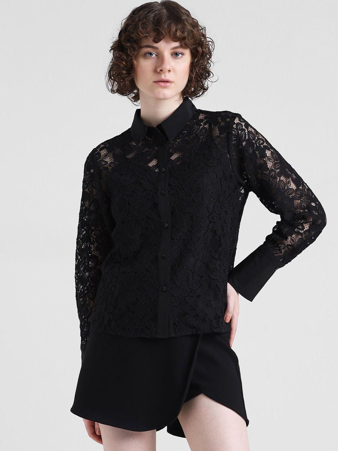 only slim fit self design lace detail semi sheer casual shirt