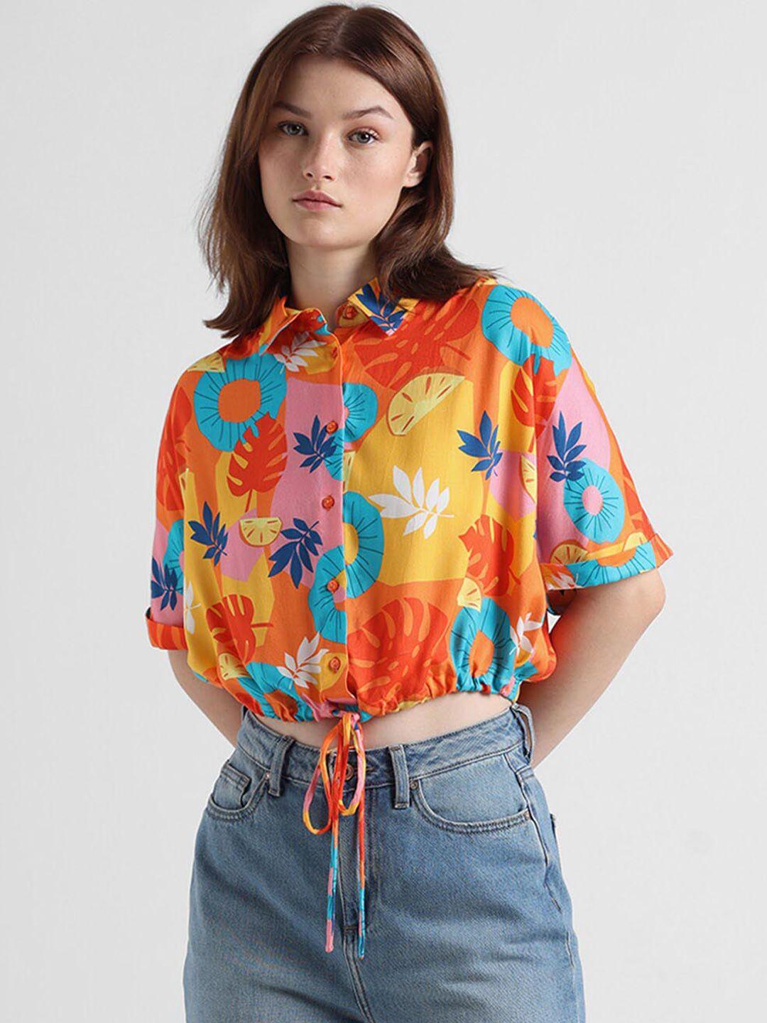 only slim fit tropical printed casual twill crop shirt