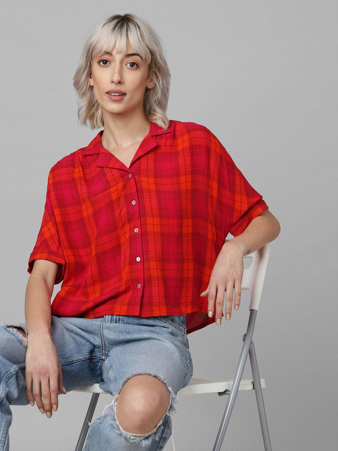 only tartan checked extended sleeves casual shirt