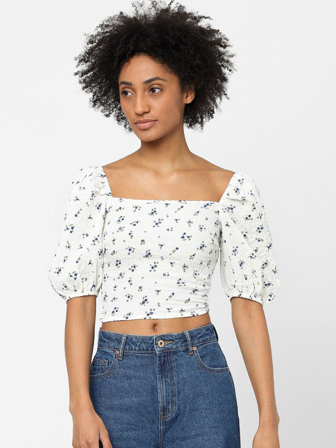 only white & blue floral printed blouson crop top