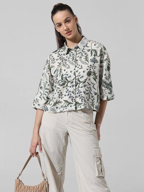 only white & green floral print shirt