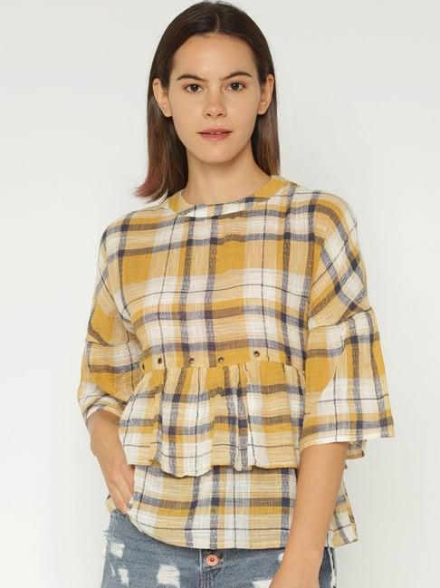 only white & yellow cotton plaid pattern top