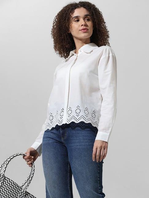 only white cotton self design crop shirt