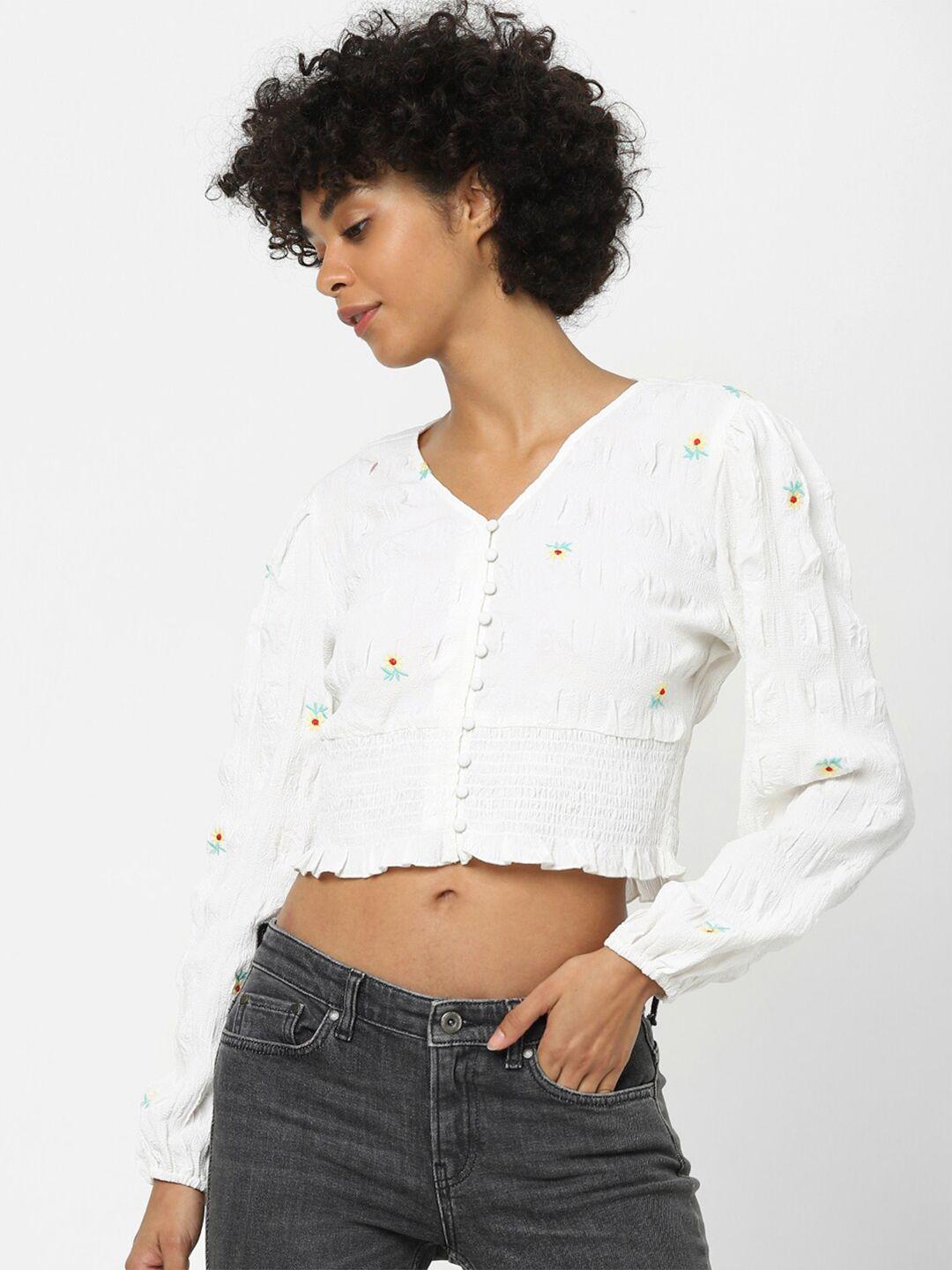 only white floral embroidered smocked crop top