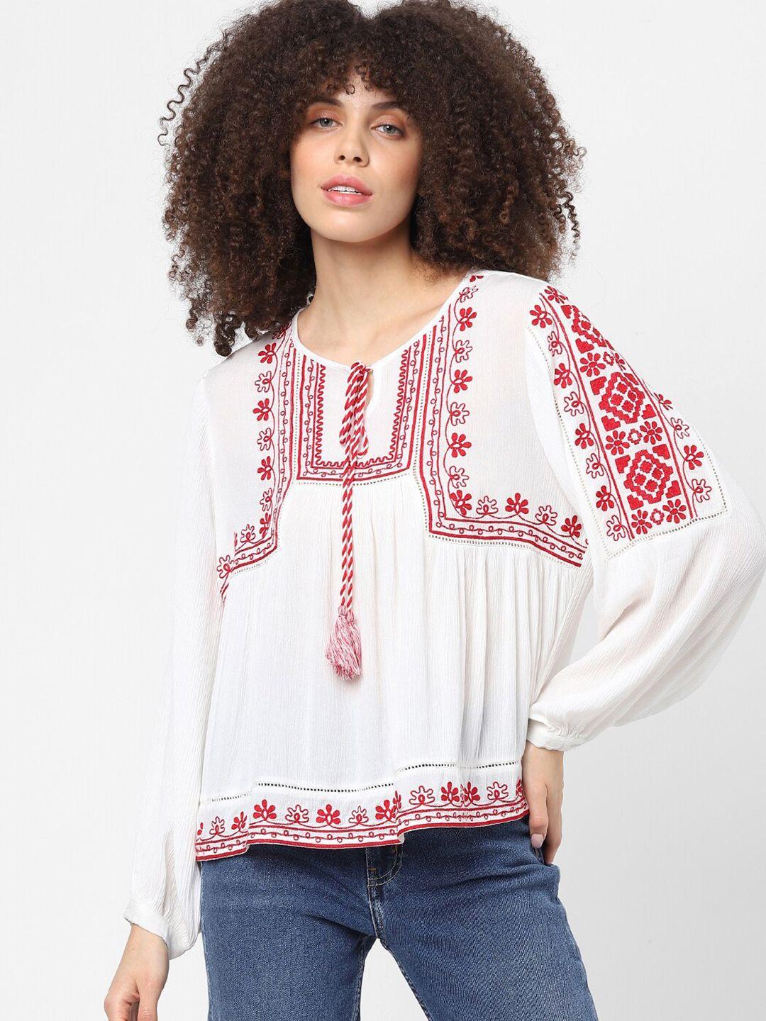 only white floral embroidered tie-up neck top