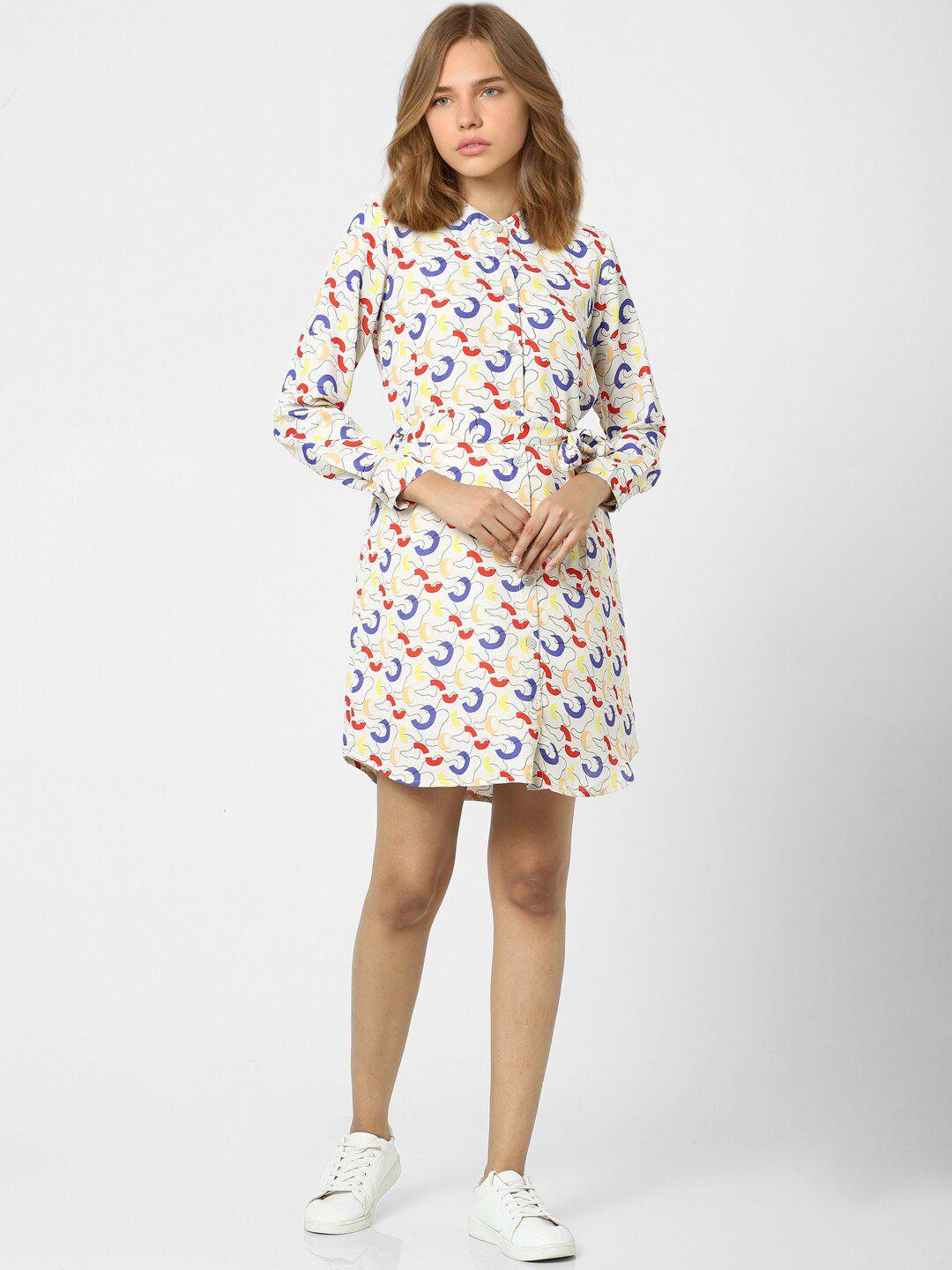 only women beige & blue printed shirt dress