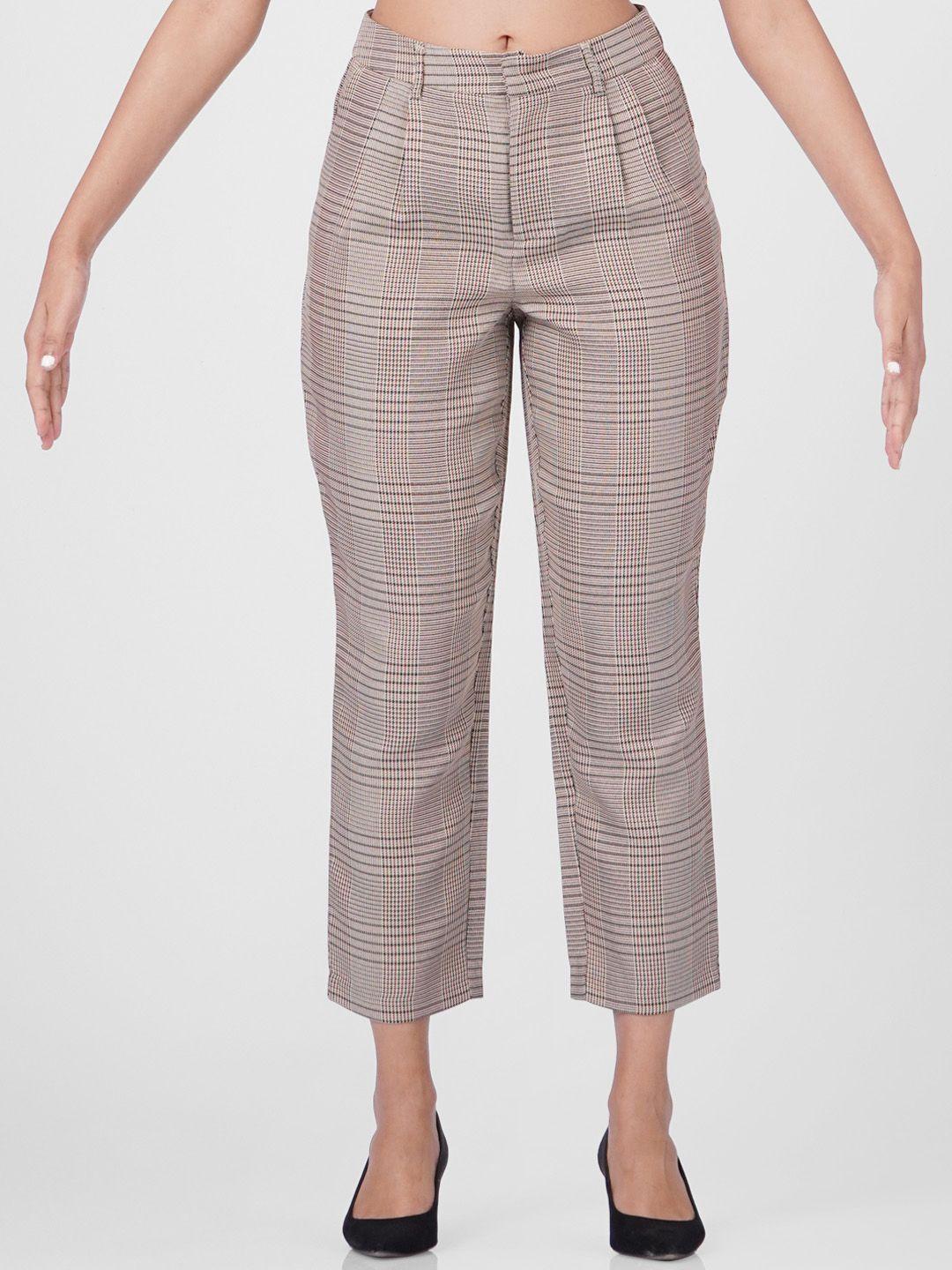 only women beige checked straight fit trousers