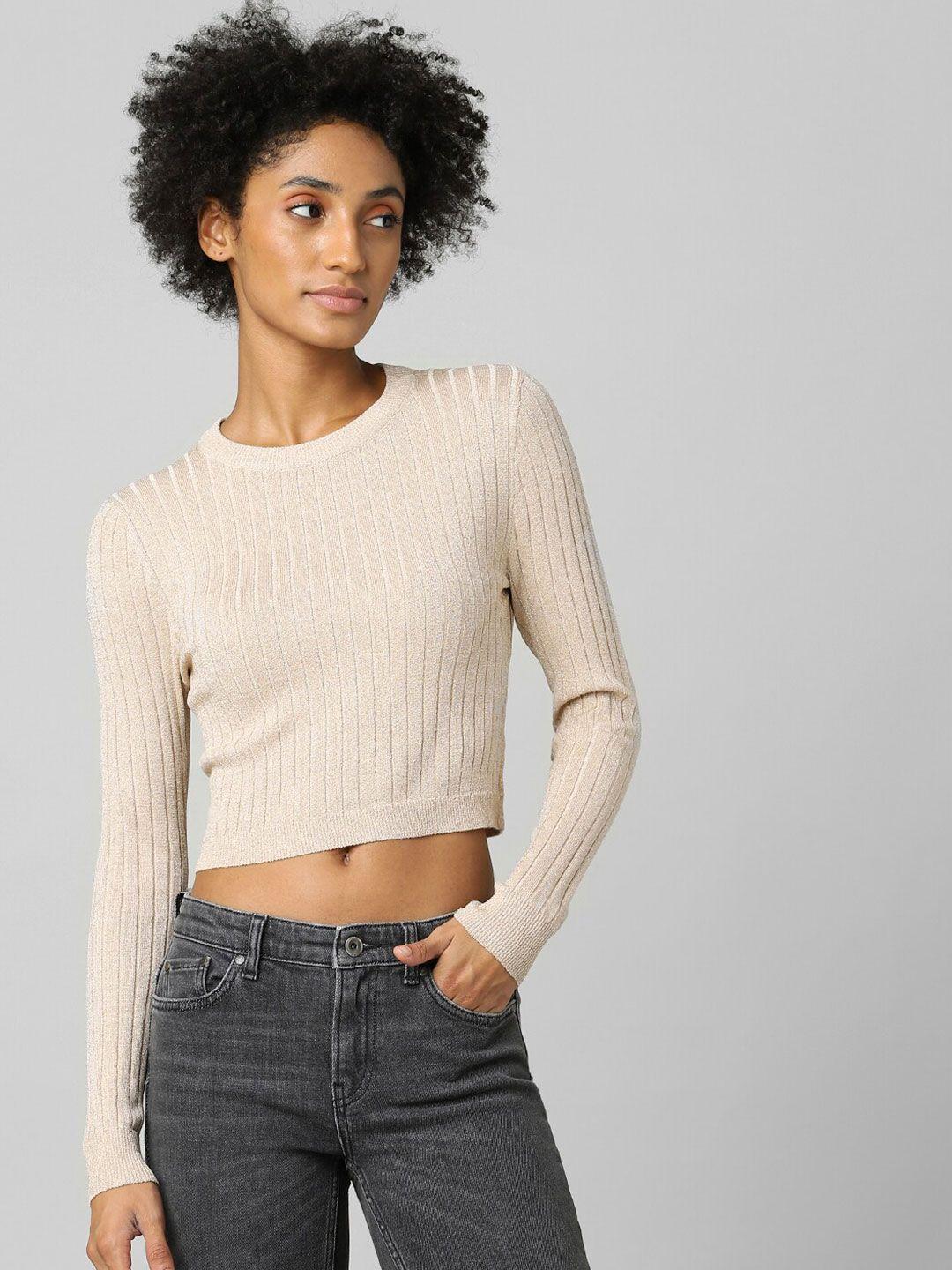 only women beige ribbed crop pullover