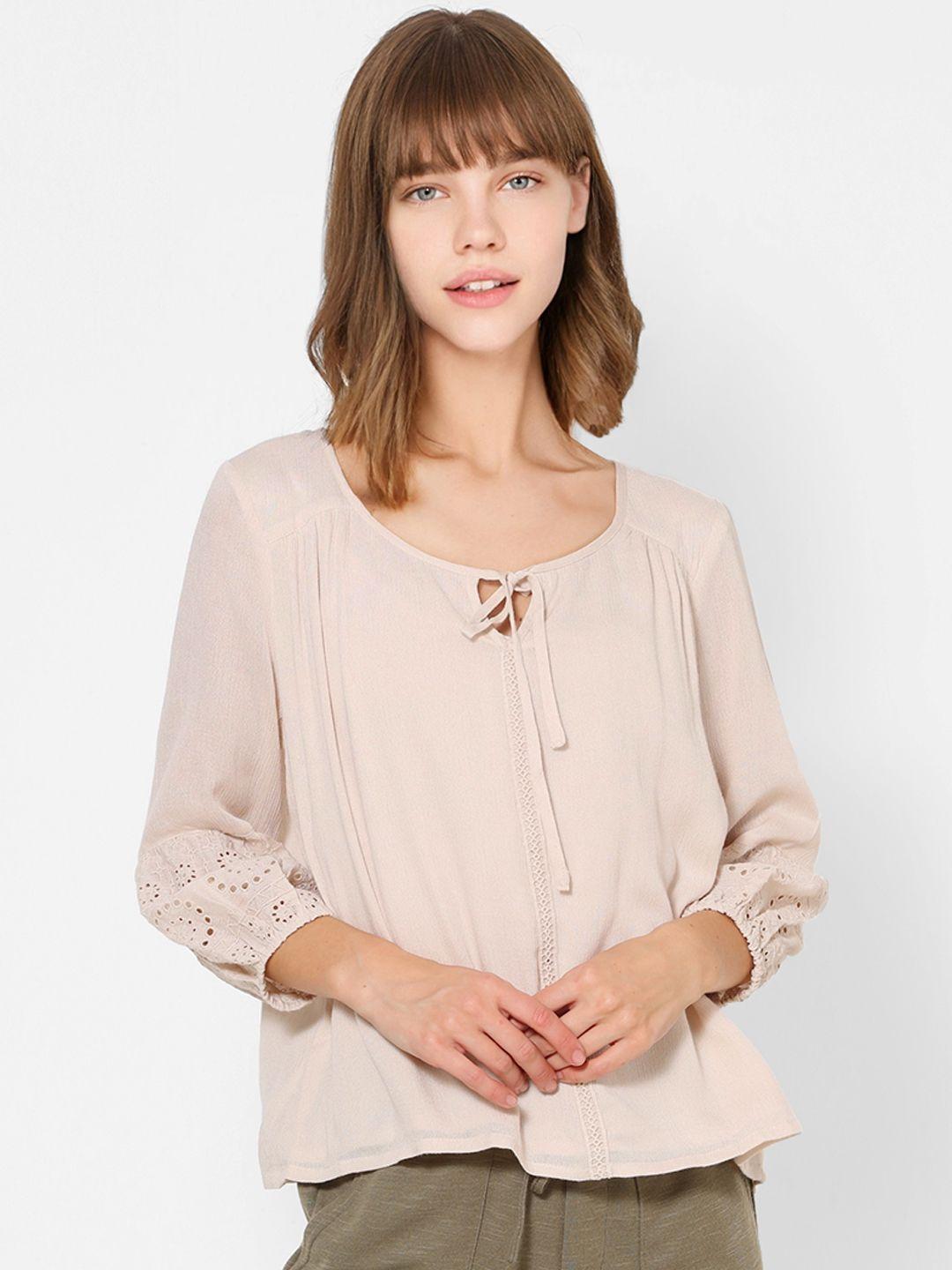 only women beige tie-up neck puff sleeves regular top