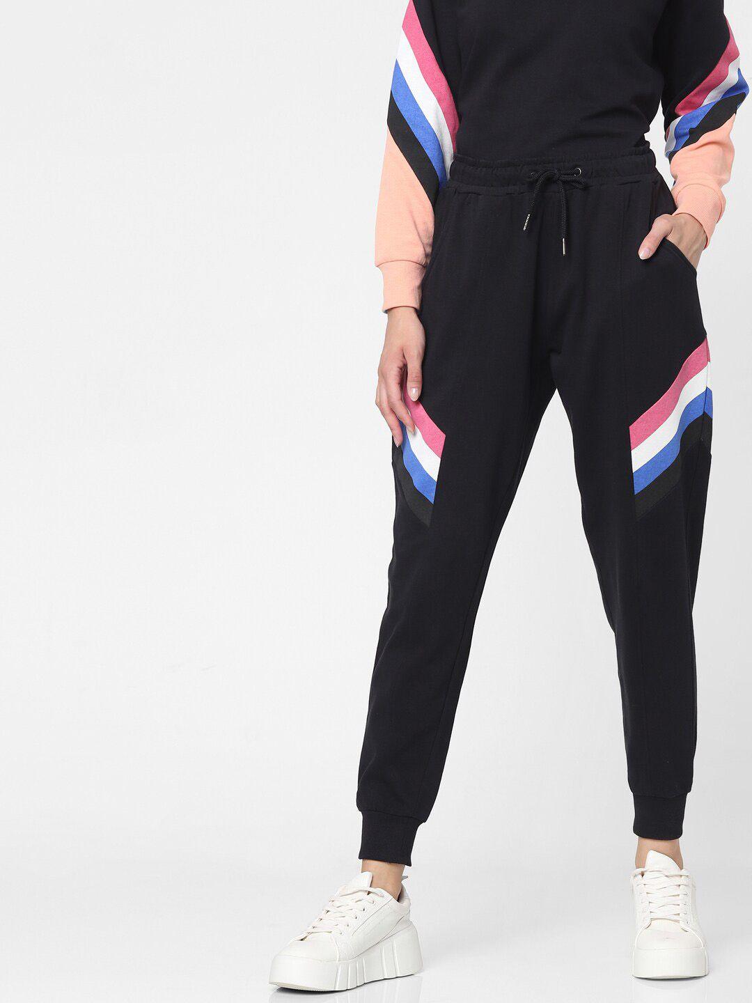 only women black & pink colorblocked cotton relaxed fit joggers