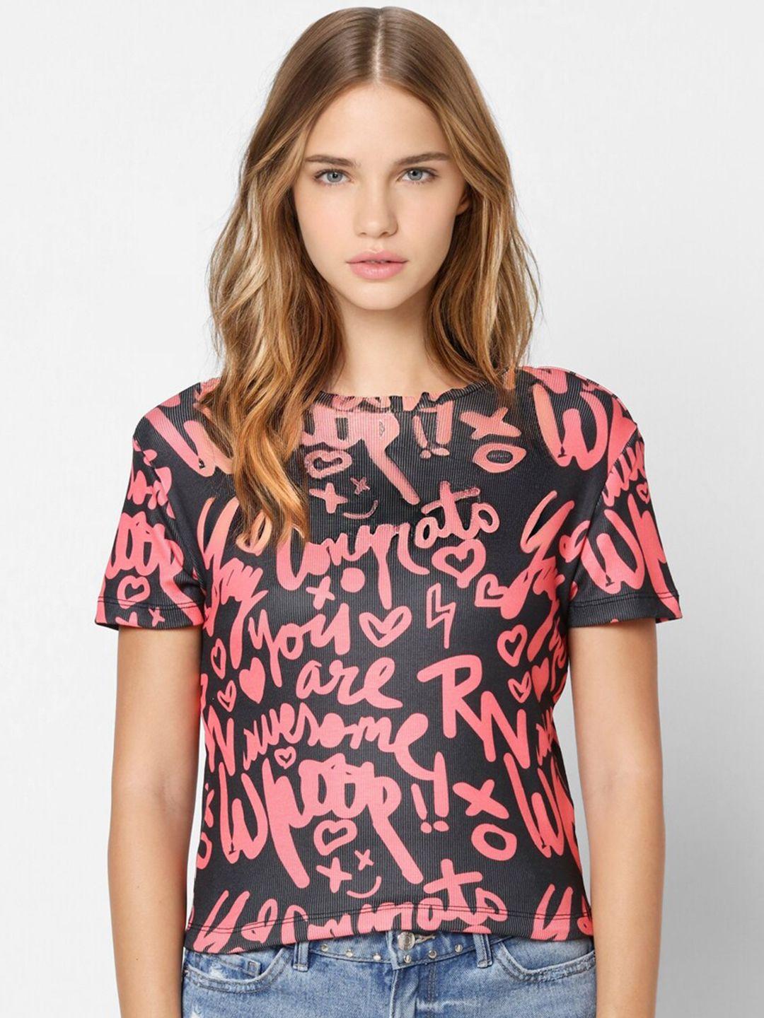 only women black & pink typography printed t-shirt