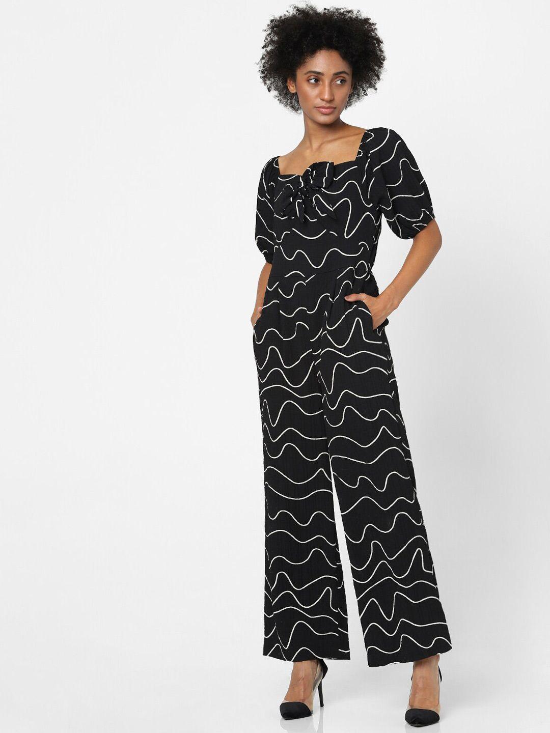 only women black & white printed square neck basic jumpsuit