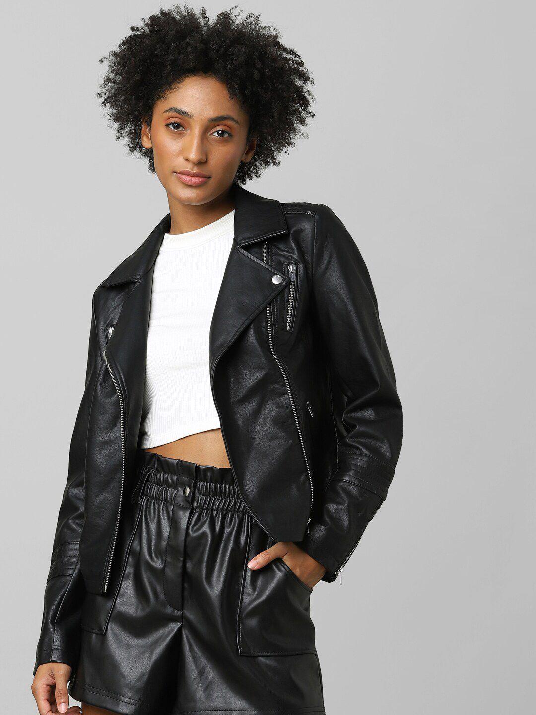 only women black crop biker jacket