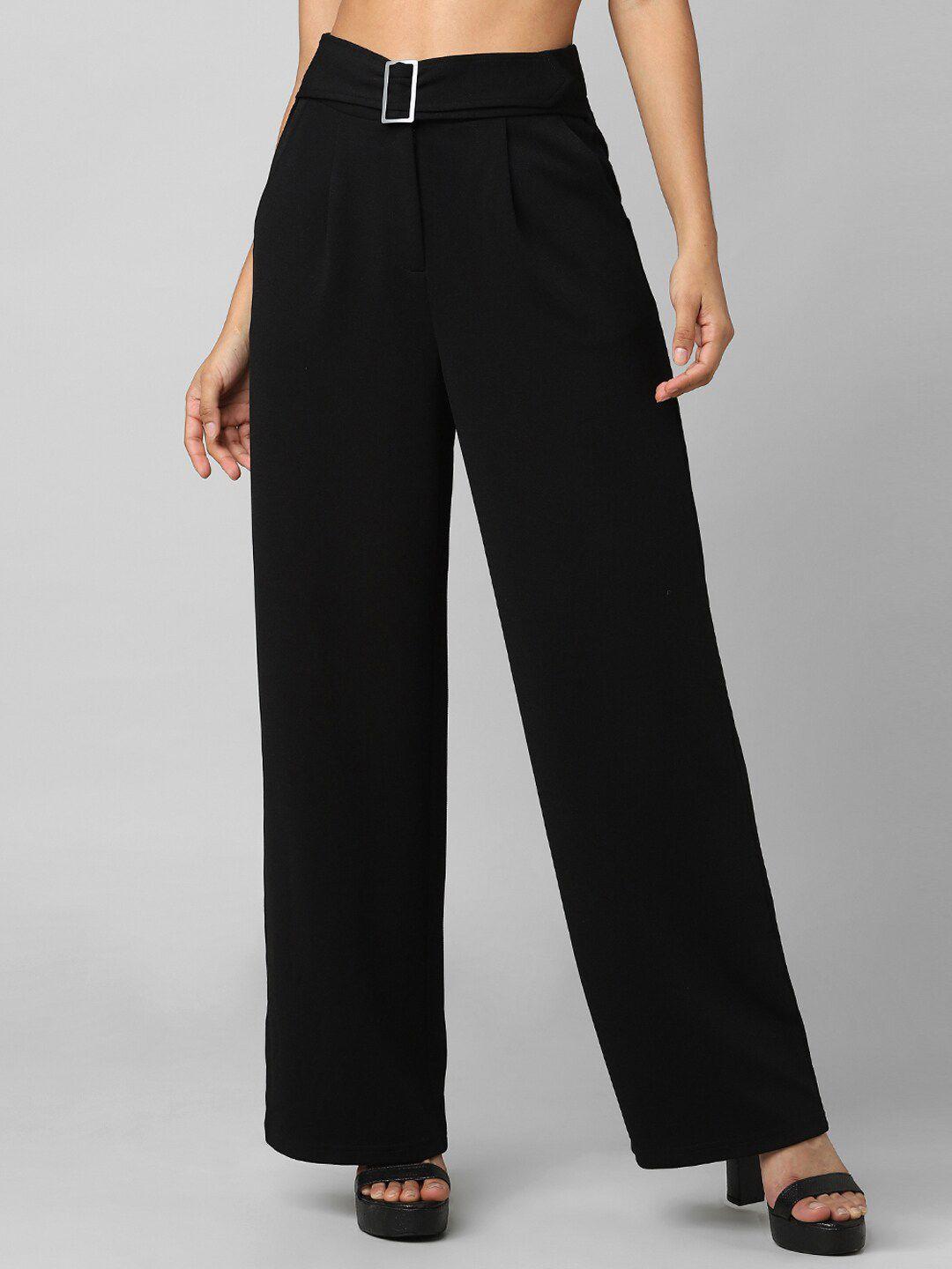 only women black flared high-rise pleated trousers