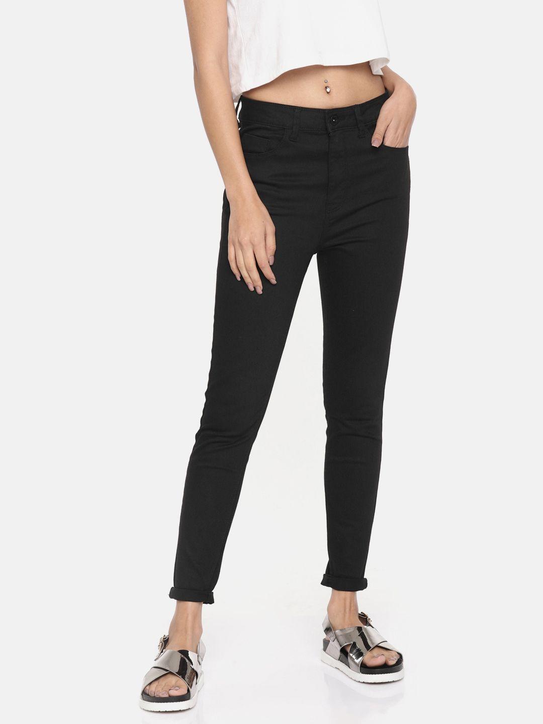 only women black regular fit mid-rise clean look stretchable jeans