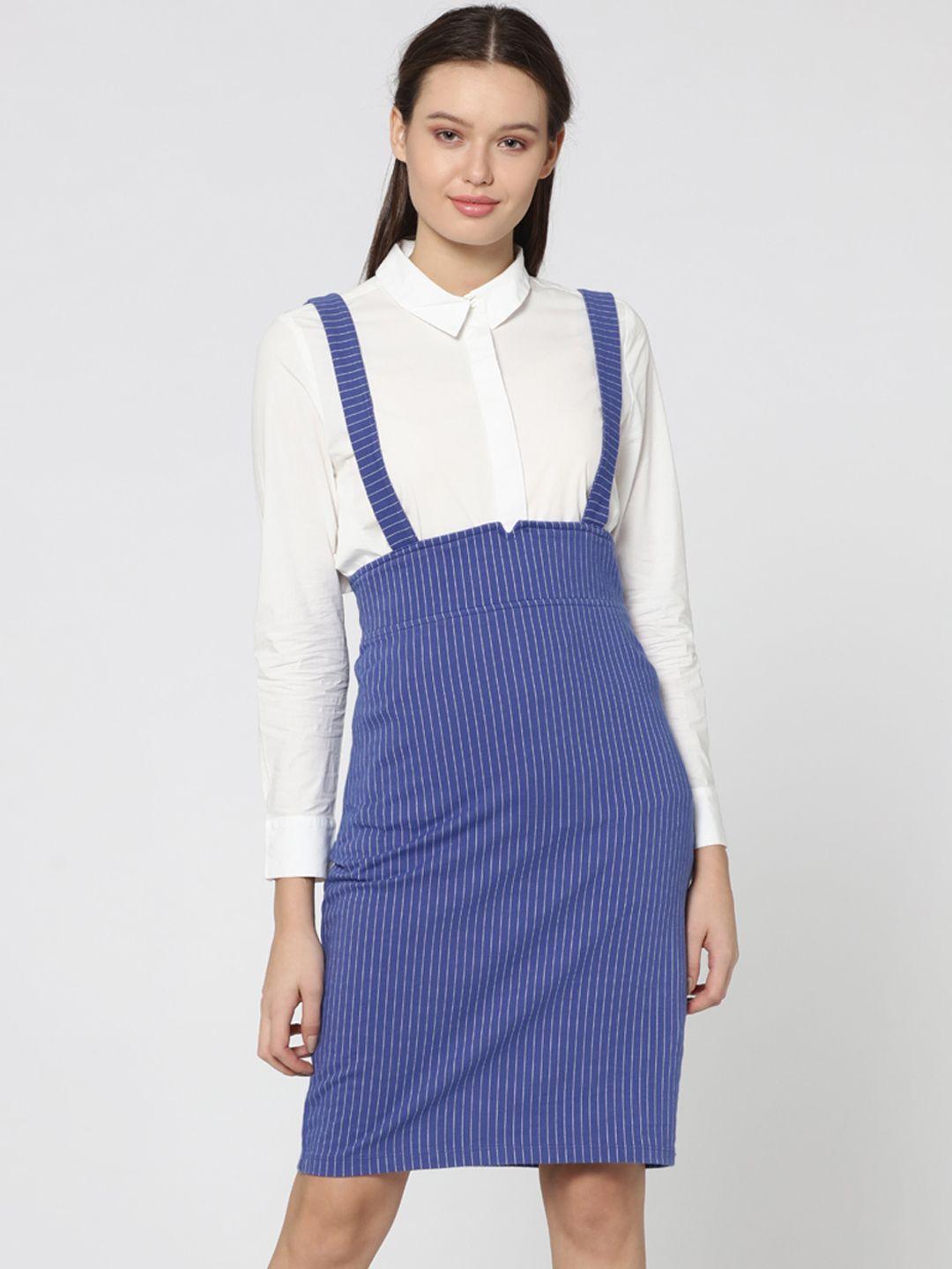 only women blue & white striped pinafore dress