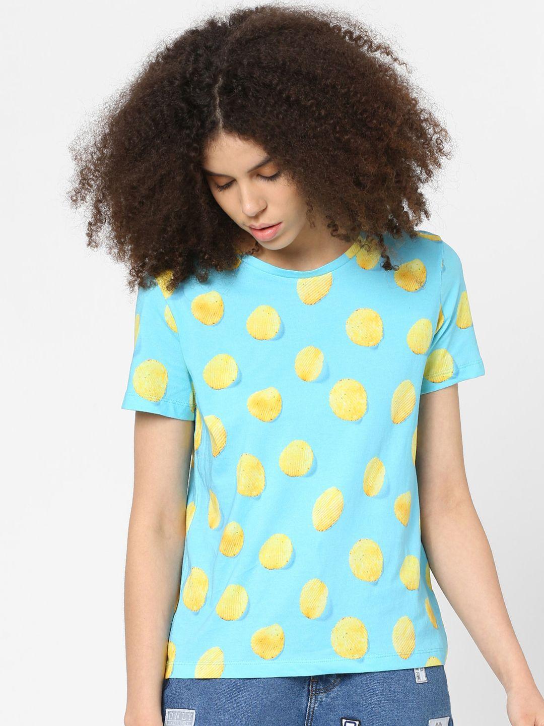 only women blue & yellow printed boxy t-shirt