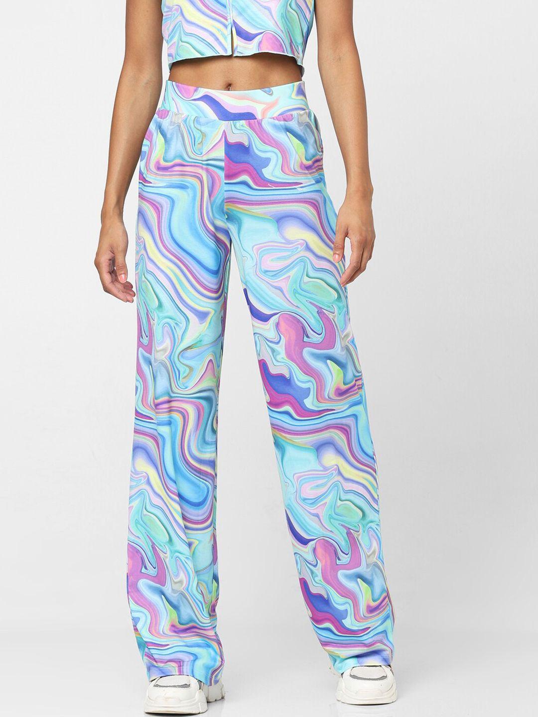 only women blue abstract printed straight fit high-rise trousers