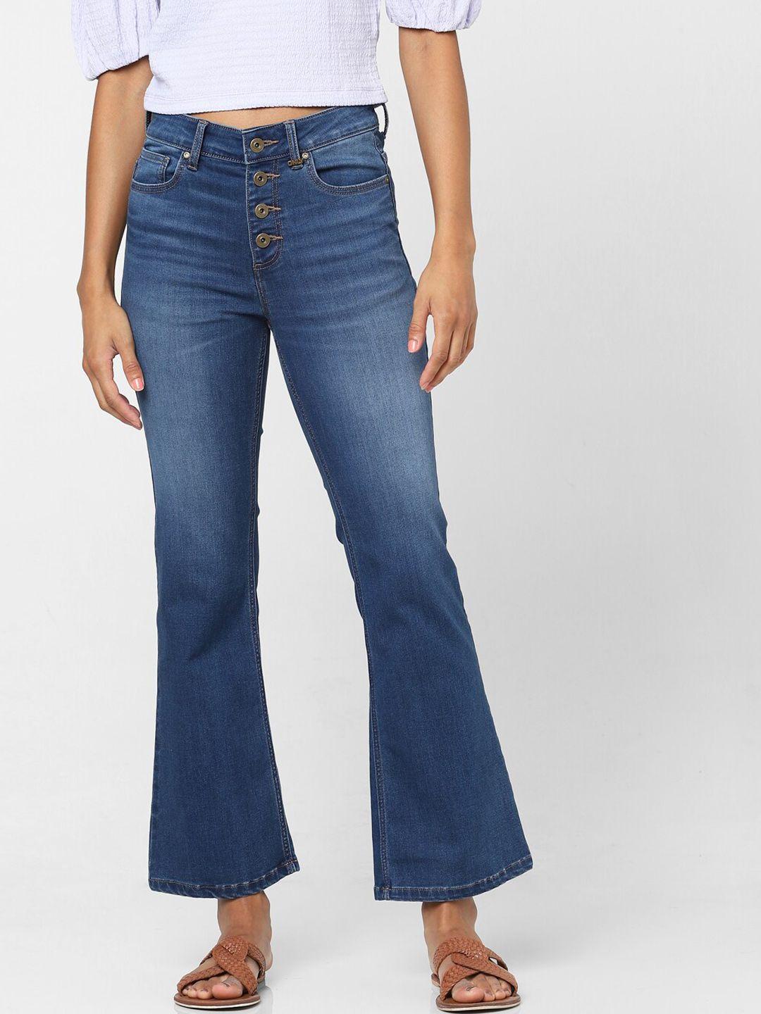 only women blue bootcut high-rise low distress light fade cotton jeans