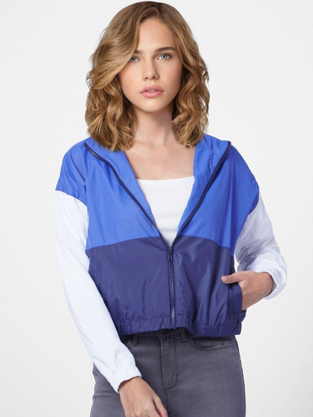 only women blue colourblocked crop tailored jacket