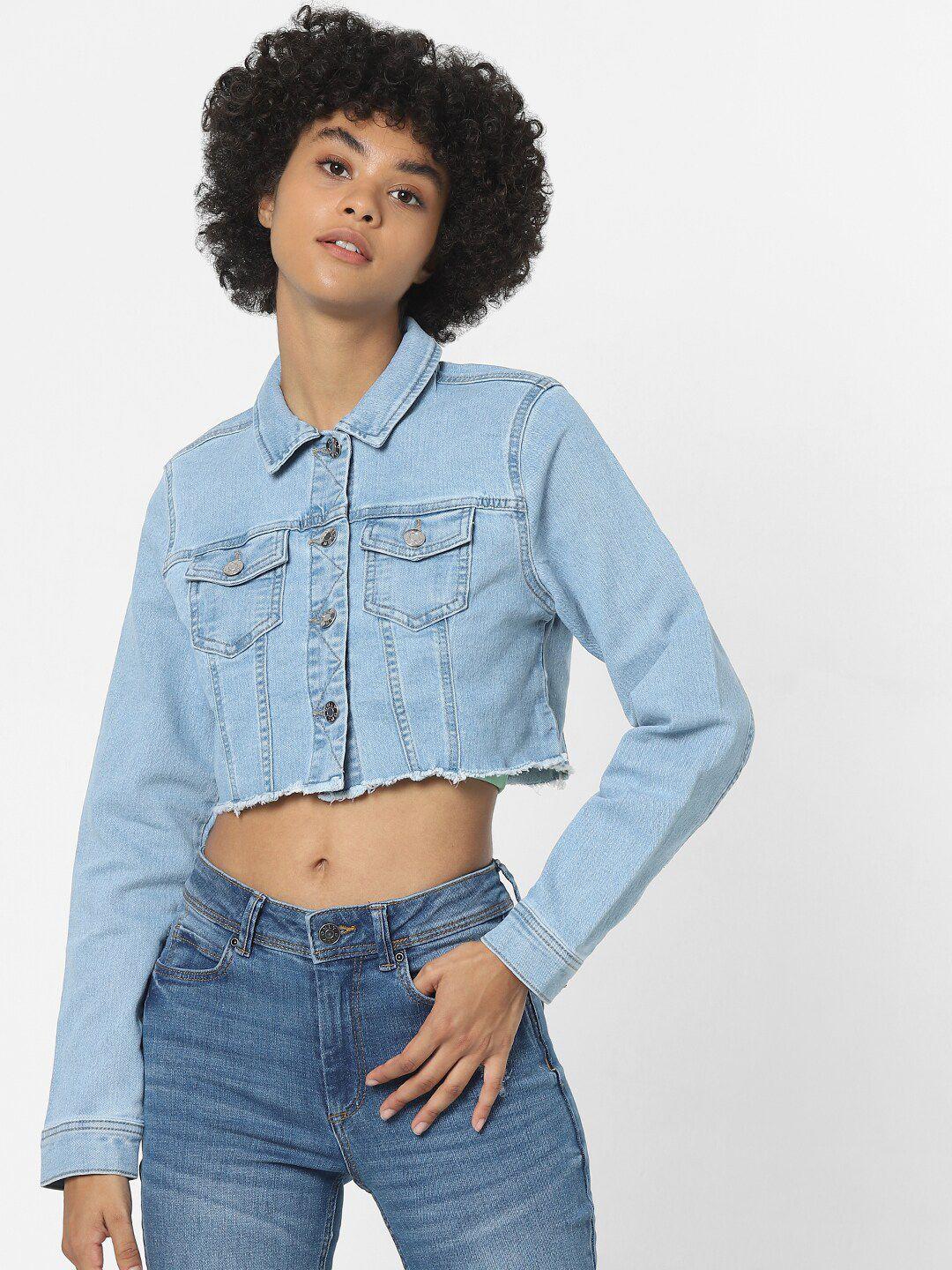 only women blue crop denim jacket with patchwork