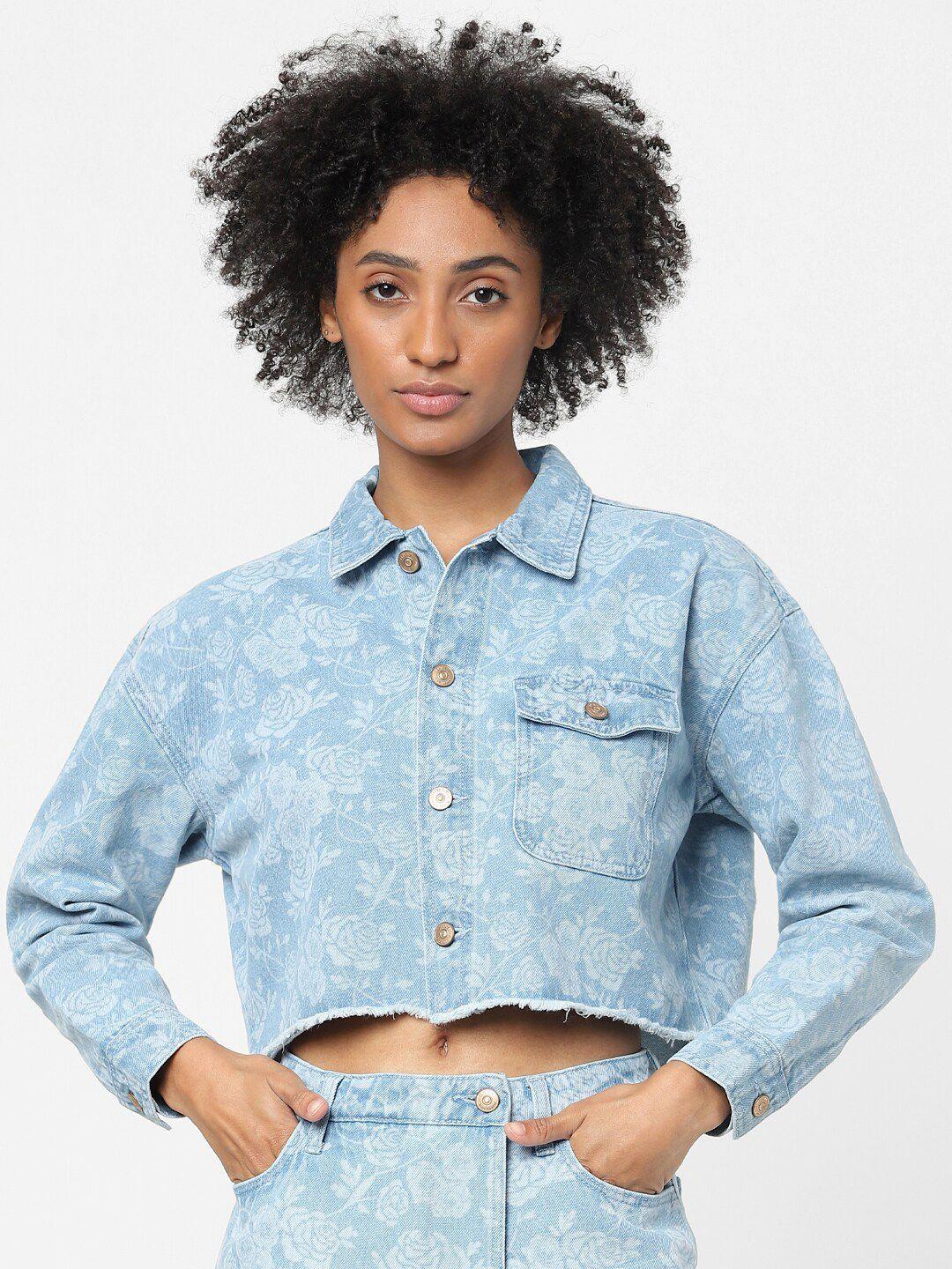 only women blue floral crop denim jacket