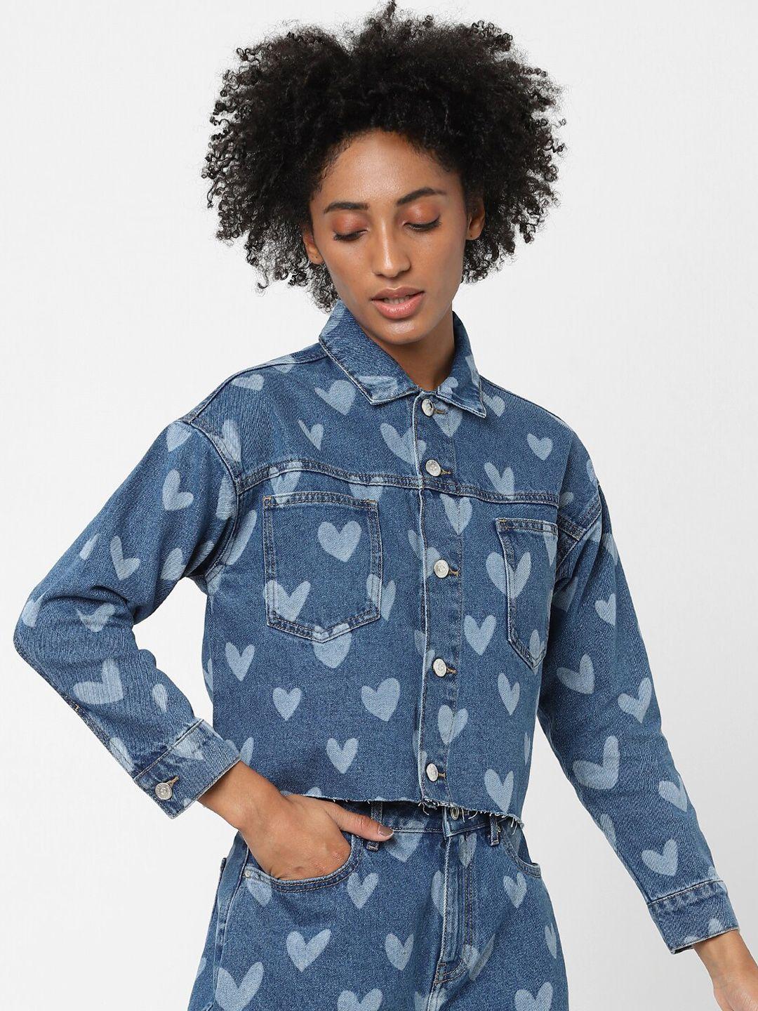 only women blue geometric crop denim jacket