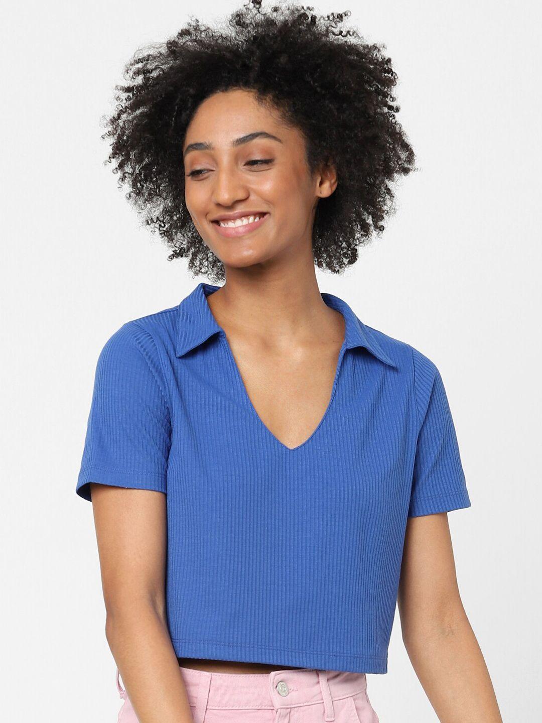 only women blue polo collar slim fit t-shirt