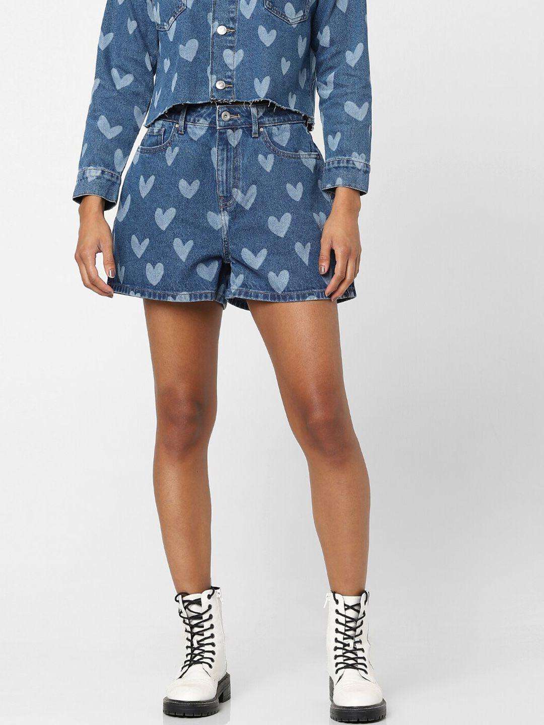 only women blue printed high-rise denim shorts