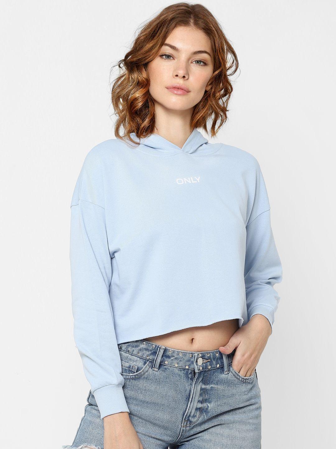 only women blue pure cotton printed hooded crop sweatshirt