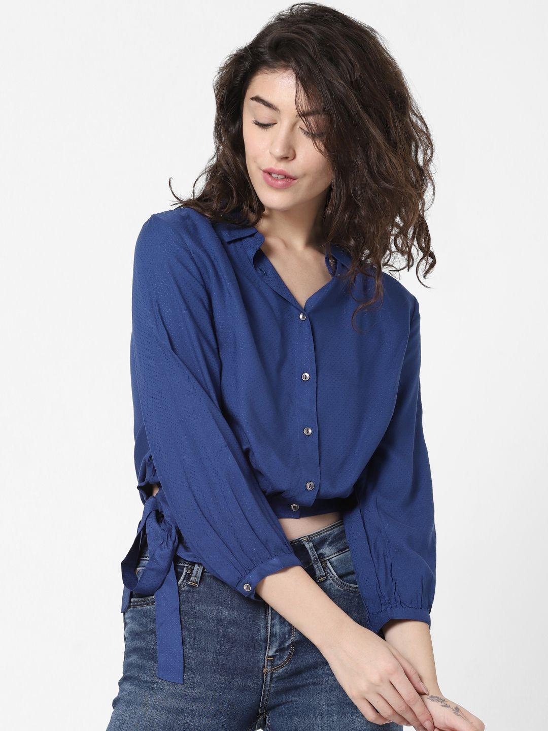 only women blue regular fit solid casual shirt with tie-up detailing