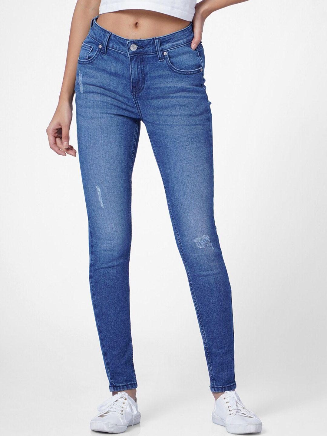 only women blue skinny fit mildly distressed light fade jeans