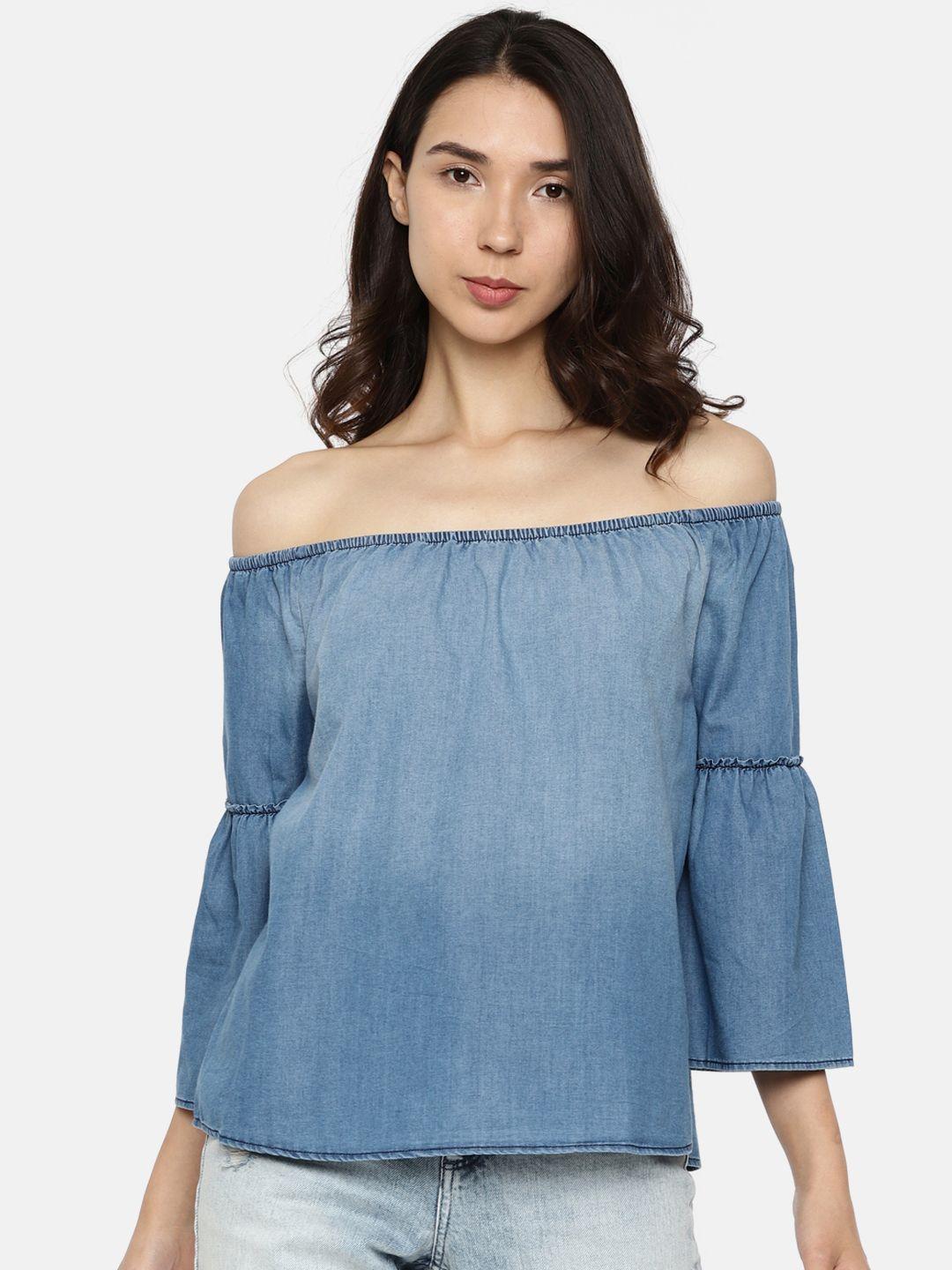 only women blue solid bardot top