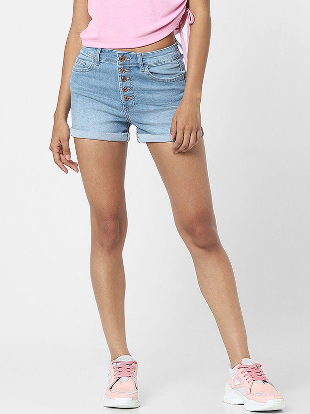 only women blue washed slim fit high-rise denim shorts