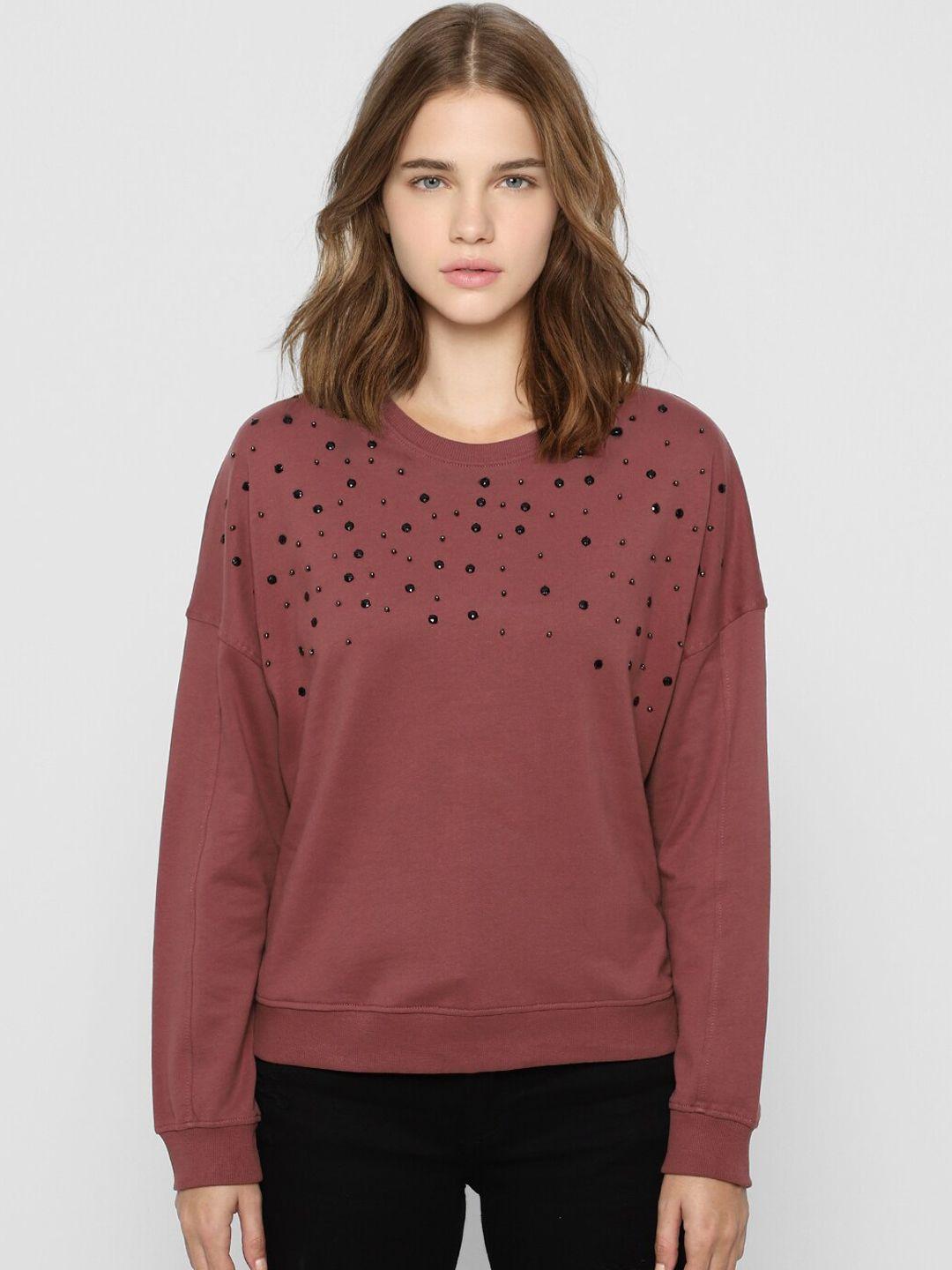 only women brown & black embellished pullover sweatshirt