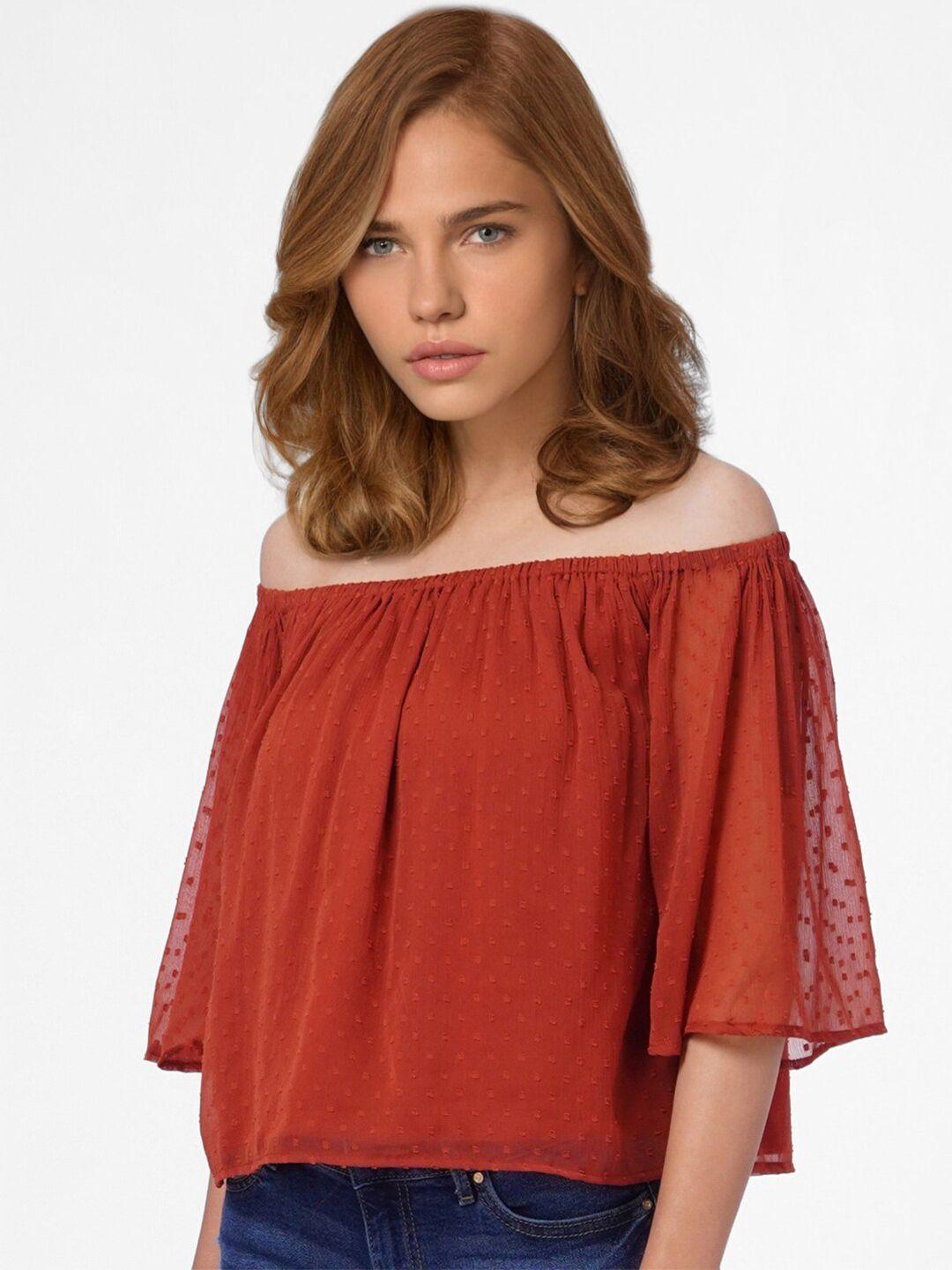 only women brown self design off-shoulder bardot top