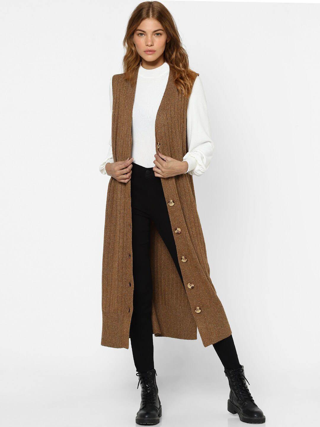 only women brown solid longline shrug