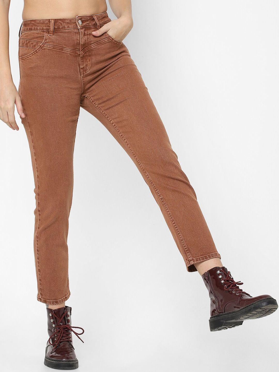 only women brown straight fit high-rise cotton jeans