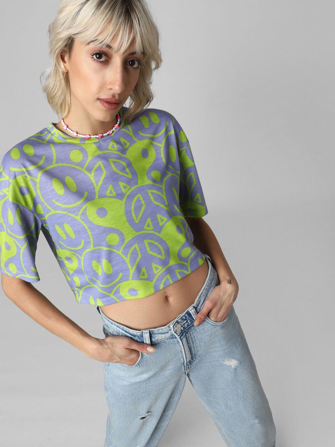 only women conversational printed drop shoulder sleeves crop t-shirt