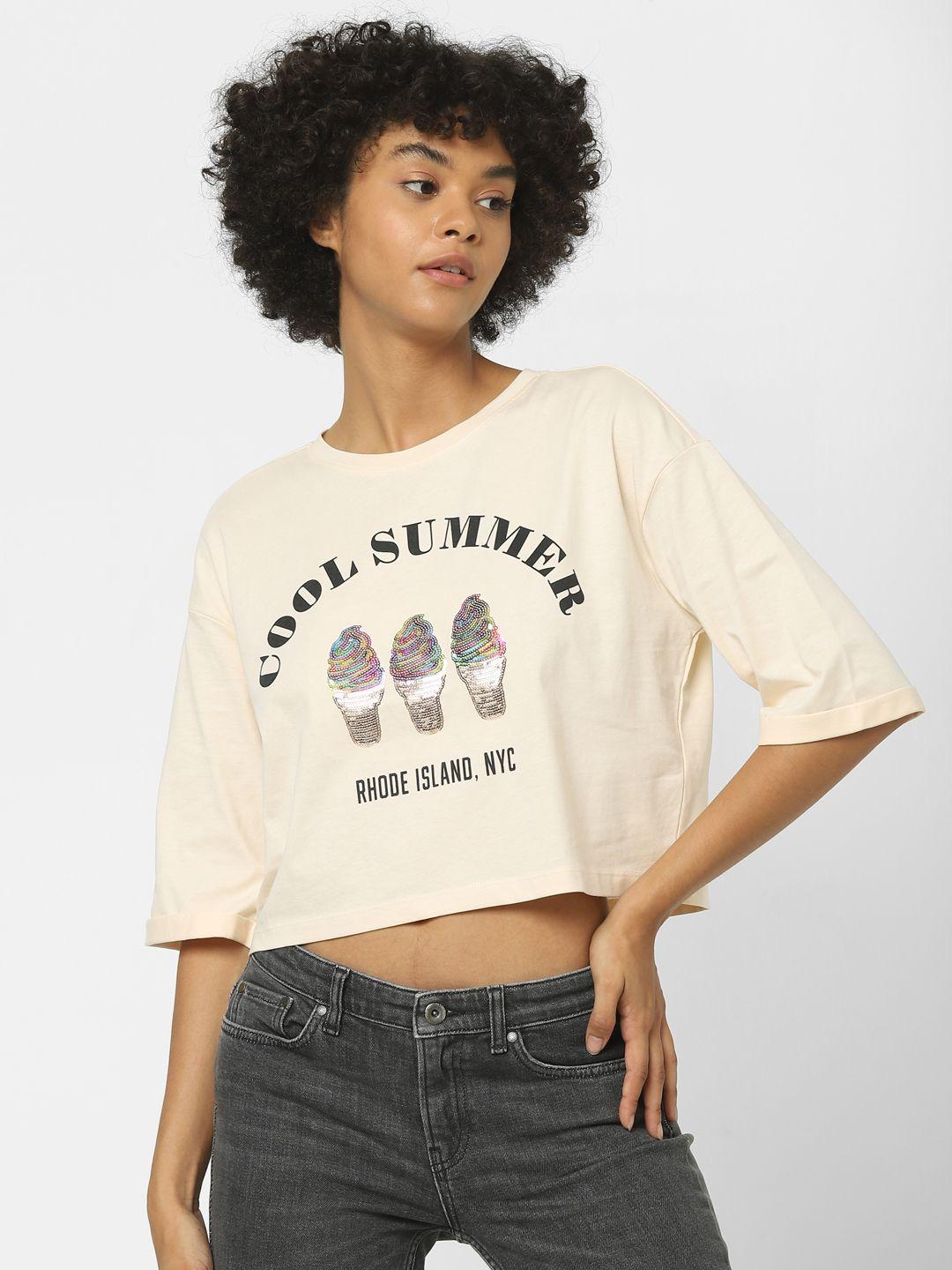 only women cream-coloured & black typography printed drop-shoulder sleeves crop t-shirt