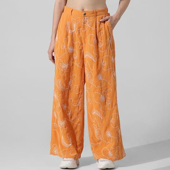only women embroidered wide leg trousers