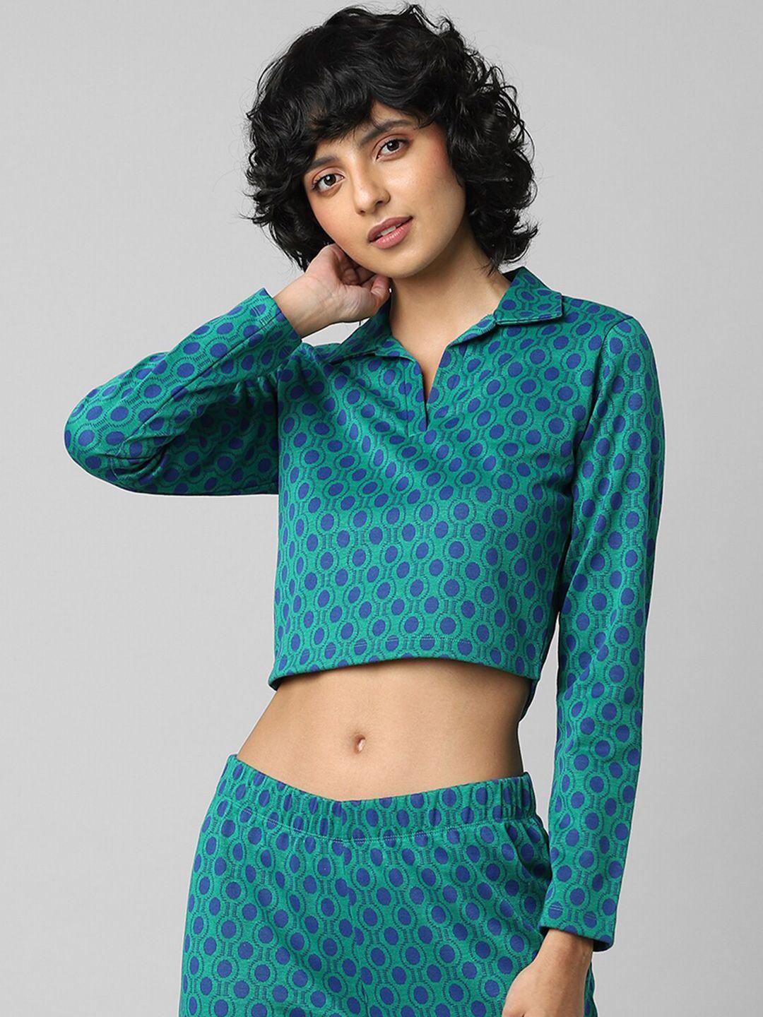 only women green & blue printed polo collar cotton t-shirt