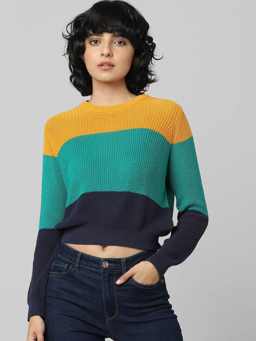 only women green & orange colourblocked colourblocked crop pullover