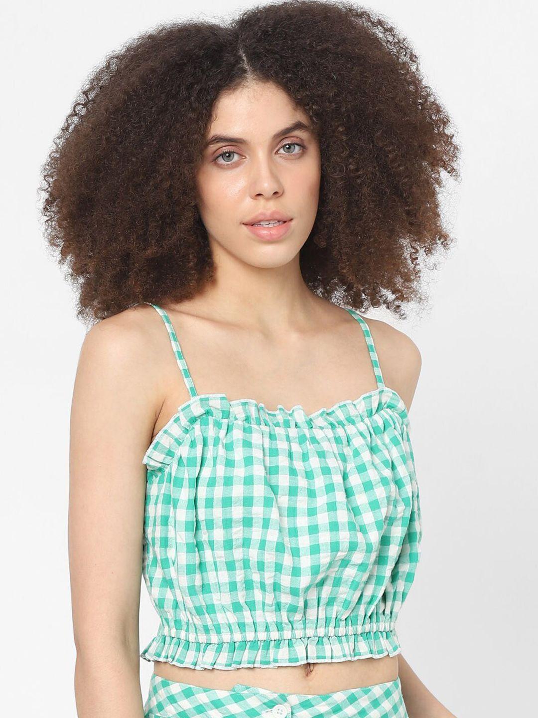 only women green & white checked bralette crop top