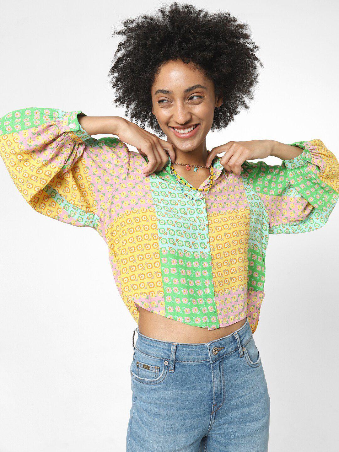 only women green & yellow printed casual shirt