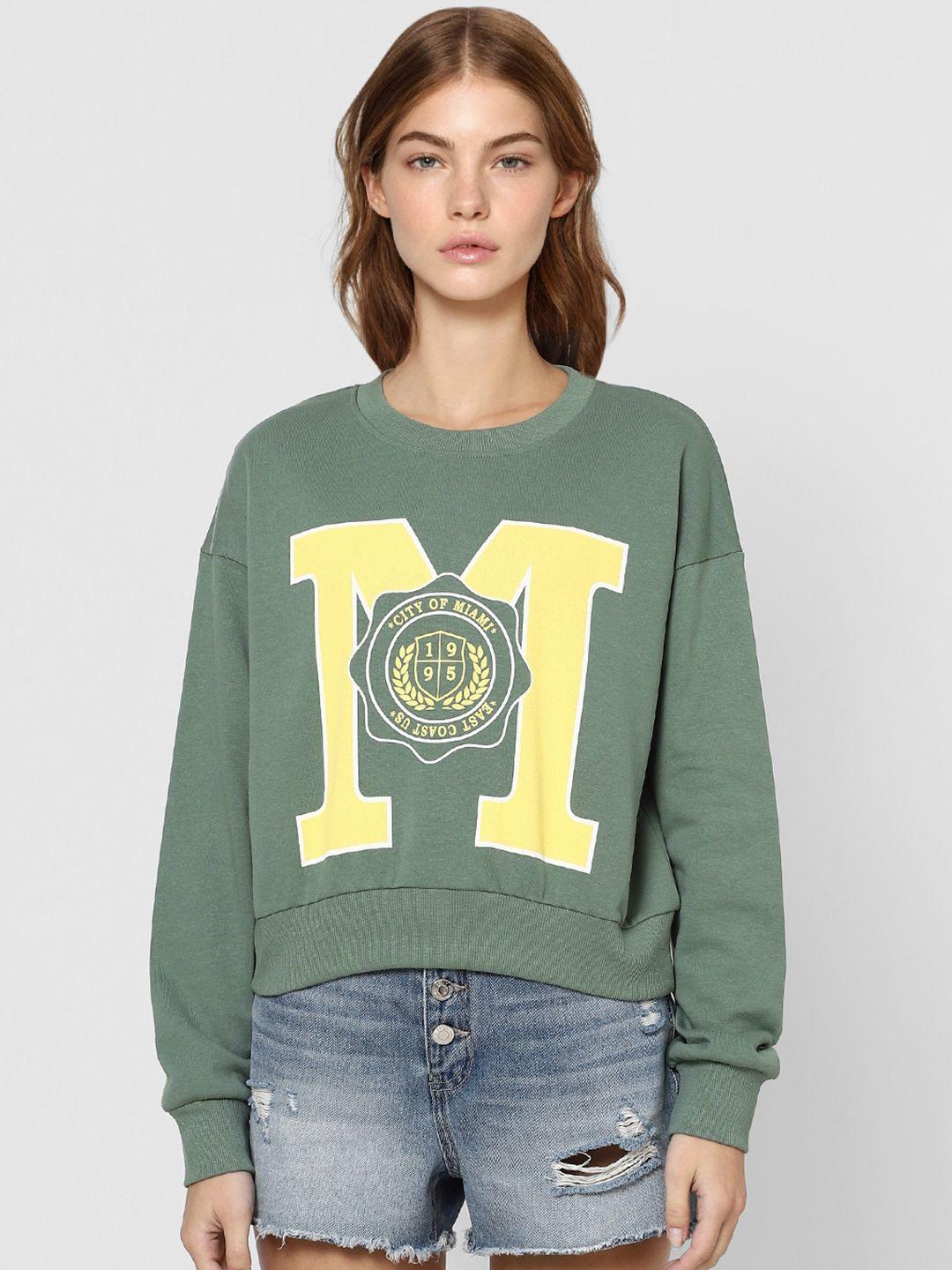 only women green & yellow pure cotton printed  cotton crop sweatshirt