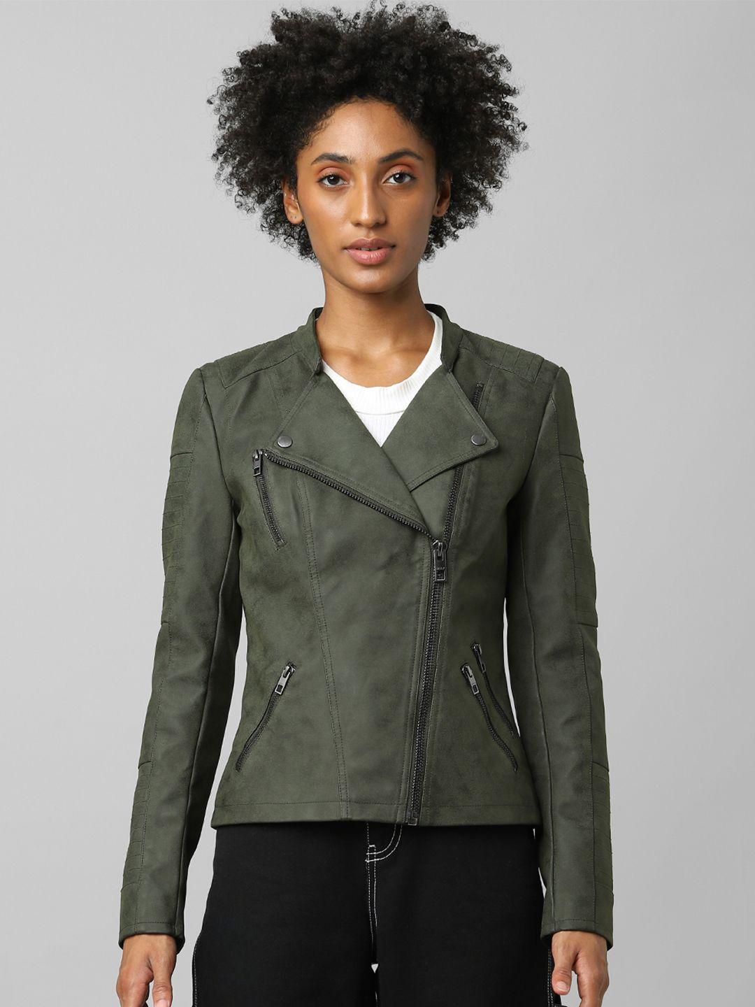 only women green crop biker jacket