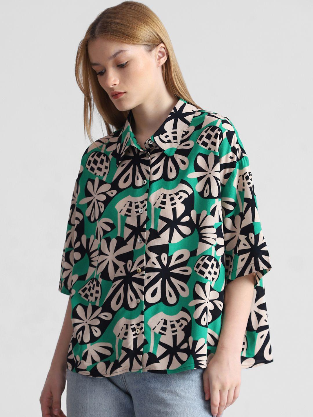 only women green floral opaque printed casual shirt