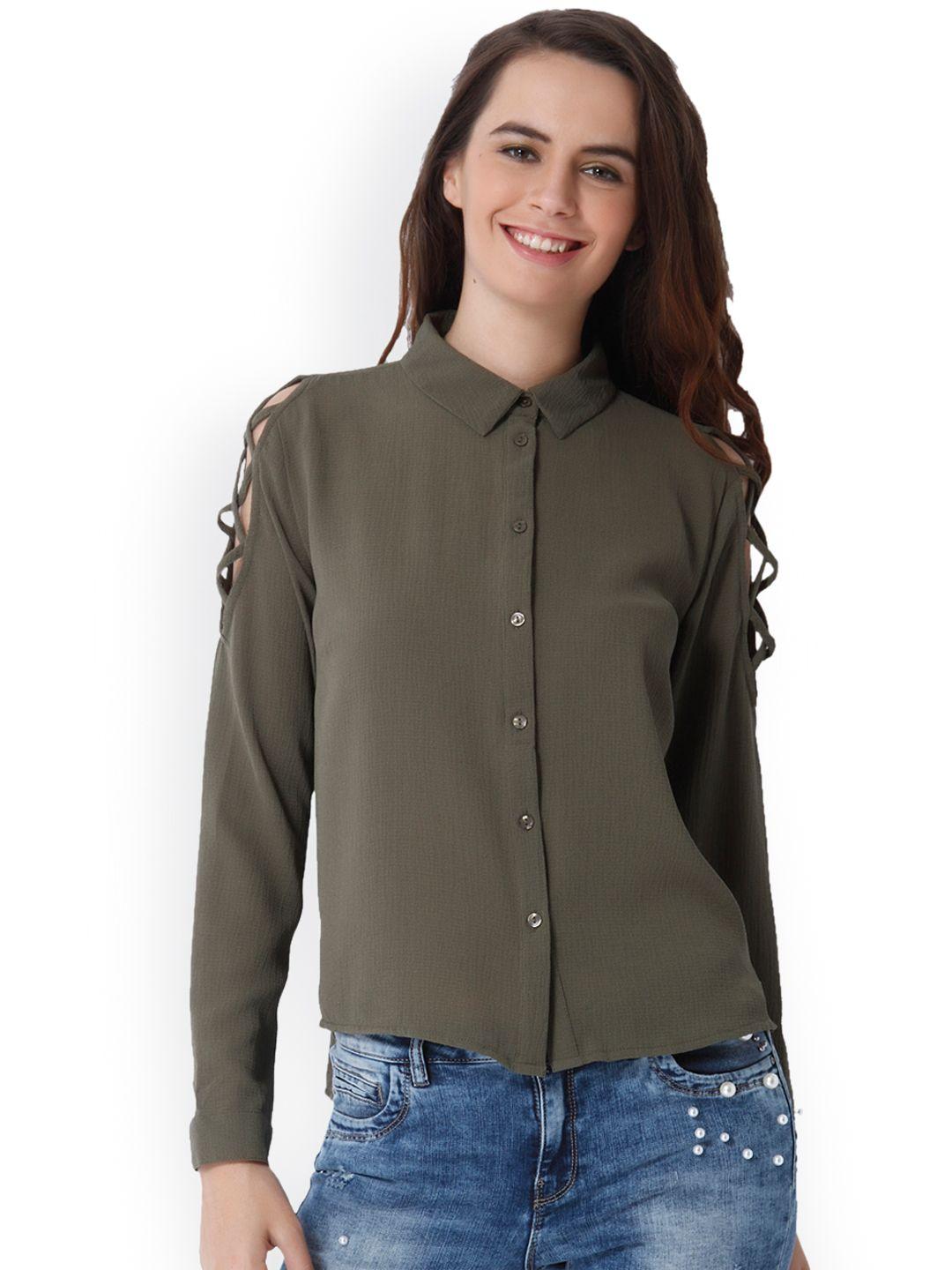 only women green regular fit solid casual shirt