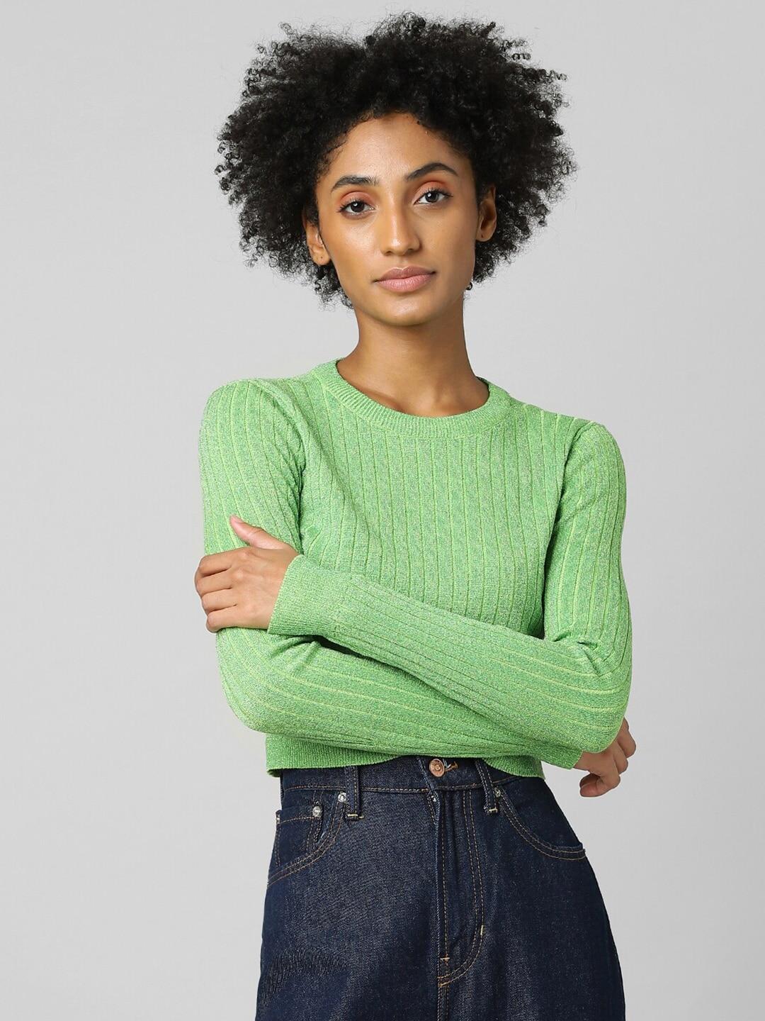 only women green ribbed crop pullover